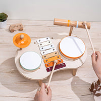 Music Table with Mallets Natural Wood Musical Instrument Set Wooden Activity Table Safe Toy Drum Set Screen-Free for Toddlers