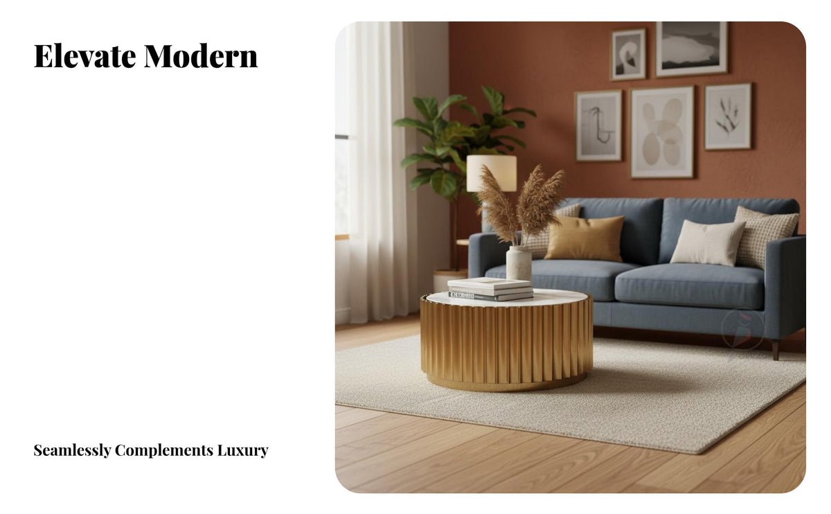 Light Luxury Design Round Fluted Coffee Table Marble Pattern Top Fluted Drum Coffee Table Modern Aesthetic Living Room Furniture Solid and Stable for Interior Designers, Apartment Dwellers, Families with Children, Reception Area, Small Areas, Office