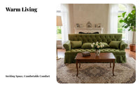 traditional Vintage design emerald Tufted Highspine Sofa Skirted Base Tufted plush fabric Couch long-lasting Frame Living Room Seating Easy Assembly for Interior Designers, Homeowners, Adults, Showroom, Lounge Area, Apartment, Hotel Lobby