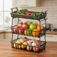 3-Tier Fruit Basket Wire Mesh Three-Tier Fruit Basket Stable Kitchen Organizer with Hooks for Pantry