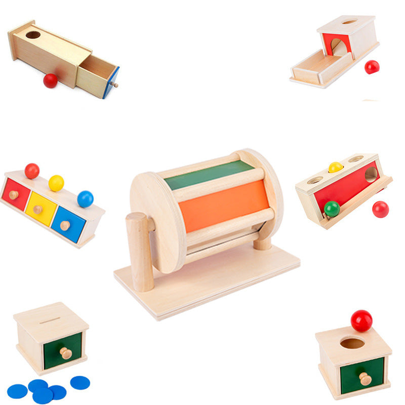 Montessori Wooden Educational Toy for 1-3 Years, Coin Box and Textile Drum, Hand-Eye Coordination