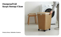 Wheeled Laundry Cart with Lid Faux Rattan Design Rolling Laundry Cart for Adults