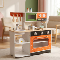 Wooden Play Kitchen with Accessories Freestanding Toy Kitchen with Utensils Compact Toy Pots and Pans for Children