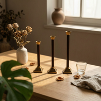 3 Pieces Modern-Retro Taper Candle Holder Brass-Colored Taper Candle Holder with Metal Cup Slim Candlestick with Wooden Stem Tapered for Tabletop, Dining Table, Mantel