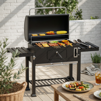 Trolley Briquette Barbecue Side Shelves Barbecue Grill with Lid Door Outdoor Cooking