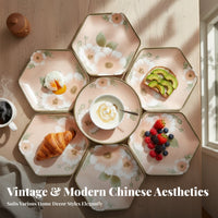 Floral Camellia Series Ceramic Tableware Set, Artistic Plates & Bowl, Home Dining, Retro Design