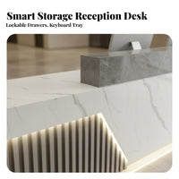 1 Piece Reception Desk Modern Front Desk Commercial Counter Double-layer Countertop Engineered Wood with LED Lighting and Storage Suitable for Salons Barbershops Shops Lobbies