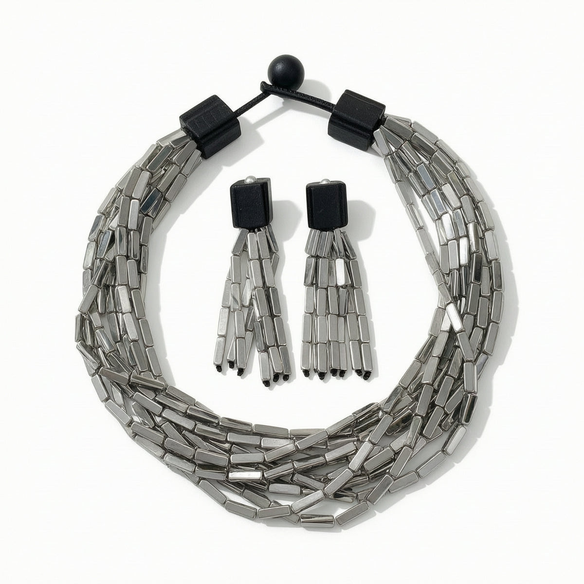 Bib Necklace with Drop Earrings Mirror-Finish Necklace and Earrings Set Multi-Strand Costume Jewelry for Parties, Dinners