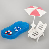 Miniature Dollhouse Pool Set with Swim Ring, Palm Tree, Umbrella, and Beach Chair - Toy Accessories