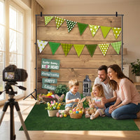 Happy Easter Photography Backdrop Rustic Wooden Wall and Grass Photo Background with Bunny Eggs Signpost Studio Props for Kids Spring Party Decoration Portrait Shoot
