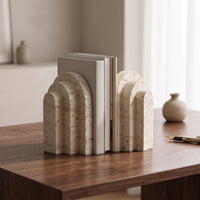 Resin Bookend Decorative Arch Bookend Earthy Elegance Imitation Travertine Book Stopper for Coffee Table