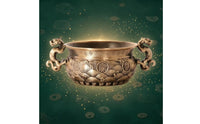 Brass Fortune Bowl Greek Key Border Mythical Lion Handle Bowl Wave Pattern
