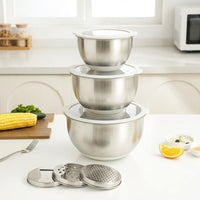 Stainless Steel Bowl Set of 3 with Graters, 304 Mixing Bowl for Meal Prep, Salad Serving Bowl with Transparent Center Lids and Non-Slip Bottom