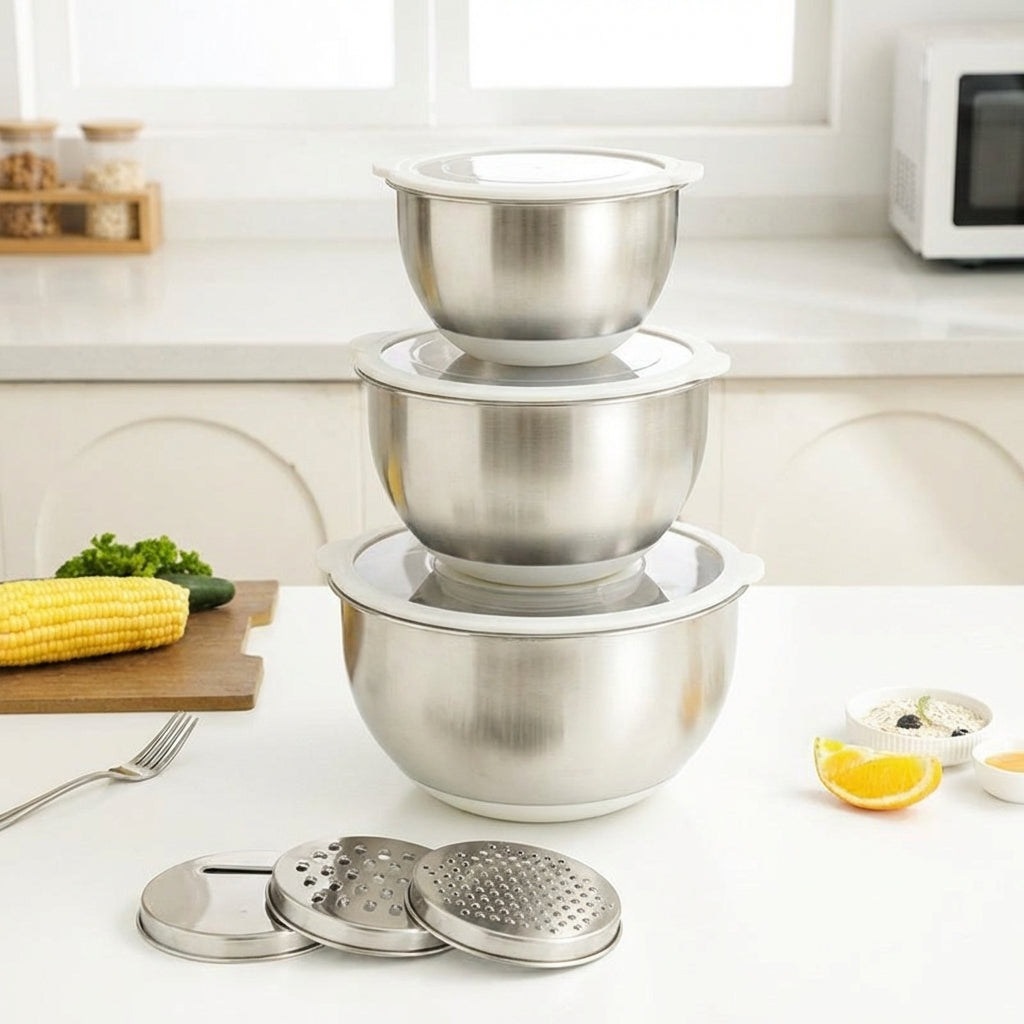 Stainless Steel Bowl Set with 3 Graters, Non-Slip Silicone Base Mixing Bowl for Meal Prep, Serving Bowl with Transparent Lid for Home Cooking