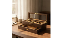 Watch Box with Glass Lid 6-Slot Watch Box with Drawer Sturdy Wooden Jewelry Organizer for Vanity