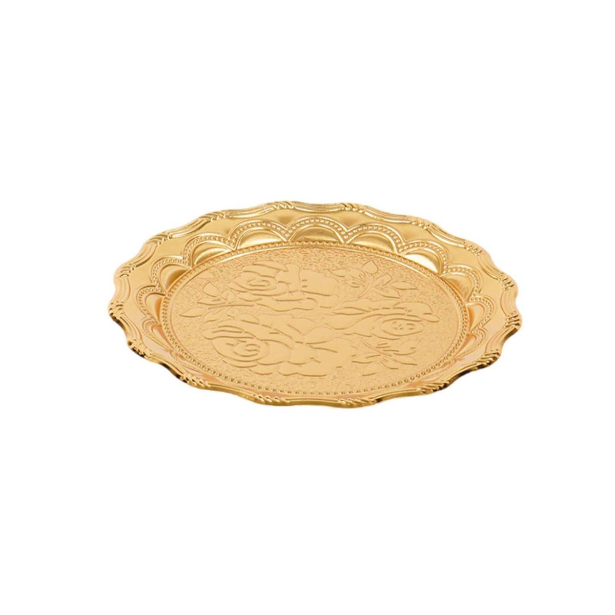 Gold Finish Serving Tray with Scalloped Edge Vintage Embossed Floral Tray Ornate Platter Decorative for Hosts, Party Planners, Afternoon Tea, Dessert Display, Table Styling