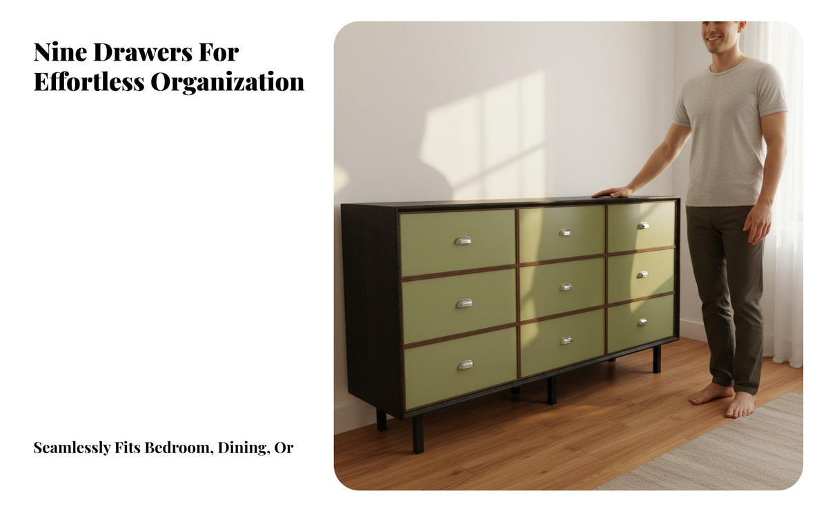 Solid Wood 9 Drawer Dresser Multi-Purpose Vintage Storage Cabinet Long-Lasting Sideboard Buffet Cabinet Easy to Clean for Apartment Dwellers, Homeowners, Interior Design Enthusiasts, Bedroom, Dining Room, Hallway, Home Office