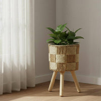 Woven Planter Stand Materials Rattan Basket Plant Holder Solid Wood Legs Tripod Plant Stand for Living Room