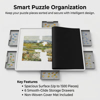 Rotating Puzzle Table with 6 Drawers for Family Games and Adults, Large Indoor Work Surface with Turntable, Storage Compartments