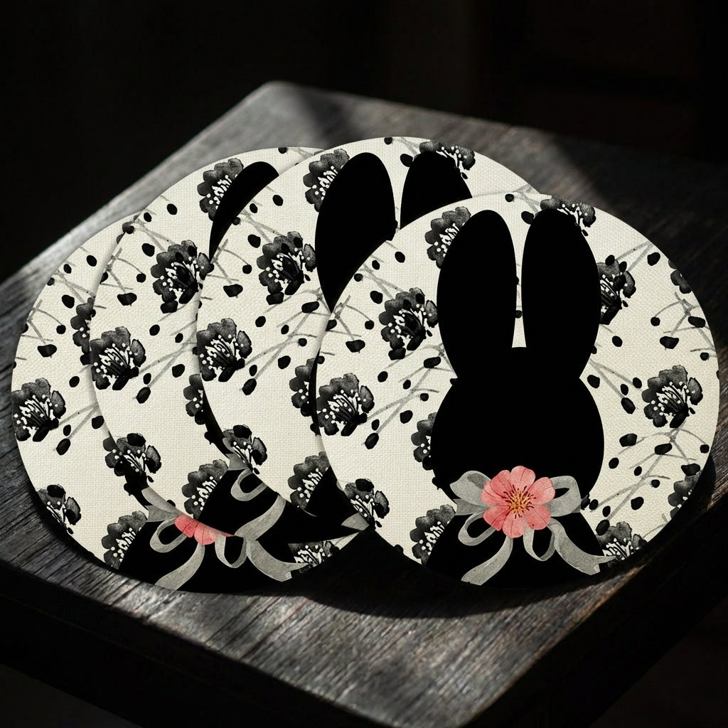4pcs Round Easter Placemat Festive Design Hare Motif Table Mat Seasonal Decor Be Happy Decorative Mat for Party Hosts, Homeowners, Holiday Events, Kitchen
