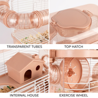 Multi-Level Hamster Cage with Tubes, Acrylic Transparent Viewing Top, Modular Hamster Habitat for Enrichment, Silent Running Wheel