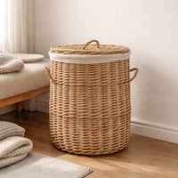 Woven Laundry Hamper Side Handles Wicker Hamper Basket Lidded Laundry Basket