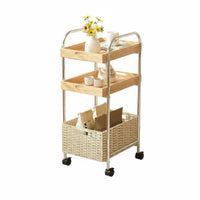 2-Tier Rolling Table Rattan Weave Accent 2-Tier Rolling Organizer Mobile Design Wood Top for Apartment Dwellers, Students