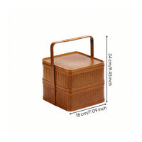 Bamboo Carry Box with Lid Handwoven Two-Tier Woven Basket Bamboo Basket with Handle Double-Layer Vintage-Style for Hosts