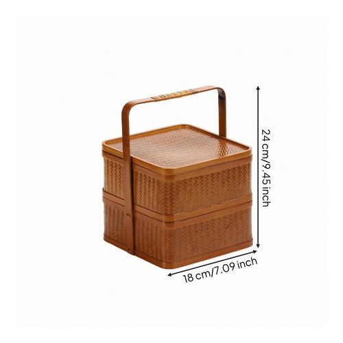 Bamboo Carry Box with Lid Handwoven Two-Tier Woven Basket Bamboo Basket with Handle Double-Layer Vintage-Style for Hosts