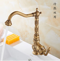 Antique Brass Basin Faucet with European Carved Pattern, Single Hole, Mixer