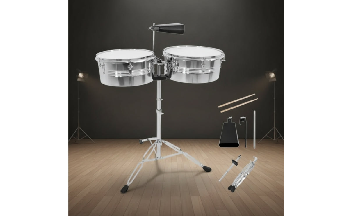 Timbales Drum Set with Stand and Cowbell Metal Timbales with Stand Double Percussion for Percussionists, Drummers, Music Studios, Rehearsals