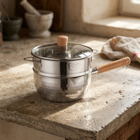 Baby Food and Milk Pan Stainless Steel Pot for Cooking, Hammered Stainless Steel Soup Pot with Steamer, Small Saucepan with Lid, Wood Handle