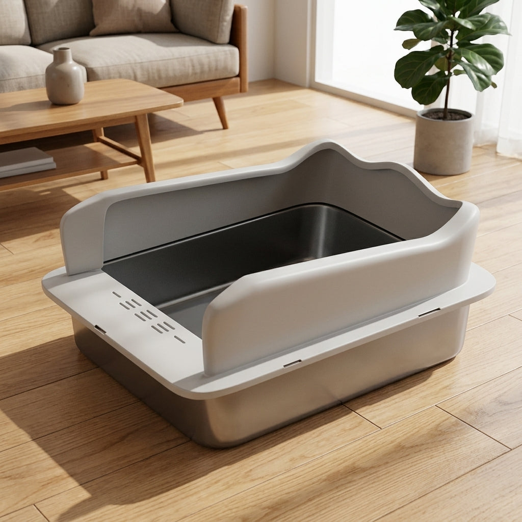 Cat Toilet Stainless Steel Litter Tray, Semi-Enclosed Litter Pan for All Cats, Odor Control Indoor Home for Cats, Never Absorbs Odor, 50x35cm