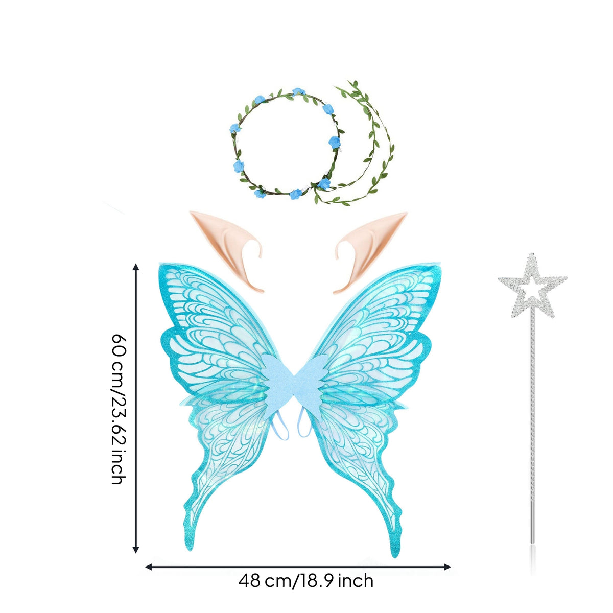 4 Pieces Symmetrical Butterfly Wings with Wand Glittery Fairy Costume Set Filigree Elf Costume Kit Multi-Layered for Children, Girls, Cosplayers, Halloween, Cosplay, Birthday Parties, Photoshoots