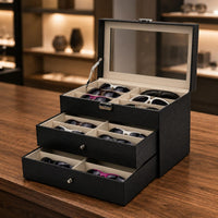 Transparent Top Window Three-Tier Eyeglass Box Black PU Leather Eyeglass Drawer Case Textile-Lined Sunglasses Organizer Metal Latch