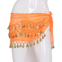 Belly Dance Waist Chain with Three Layers of Gold Coins and Chiffon Belt