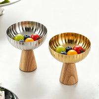 Stainless Steel Fruit Bowl with Wooden Base