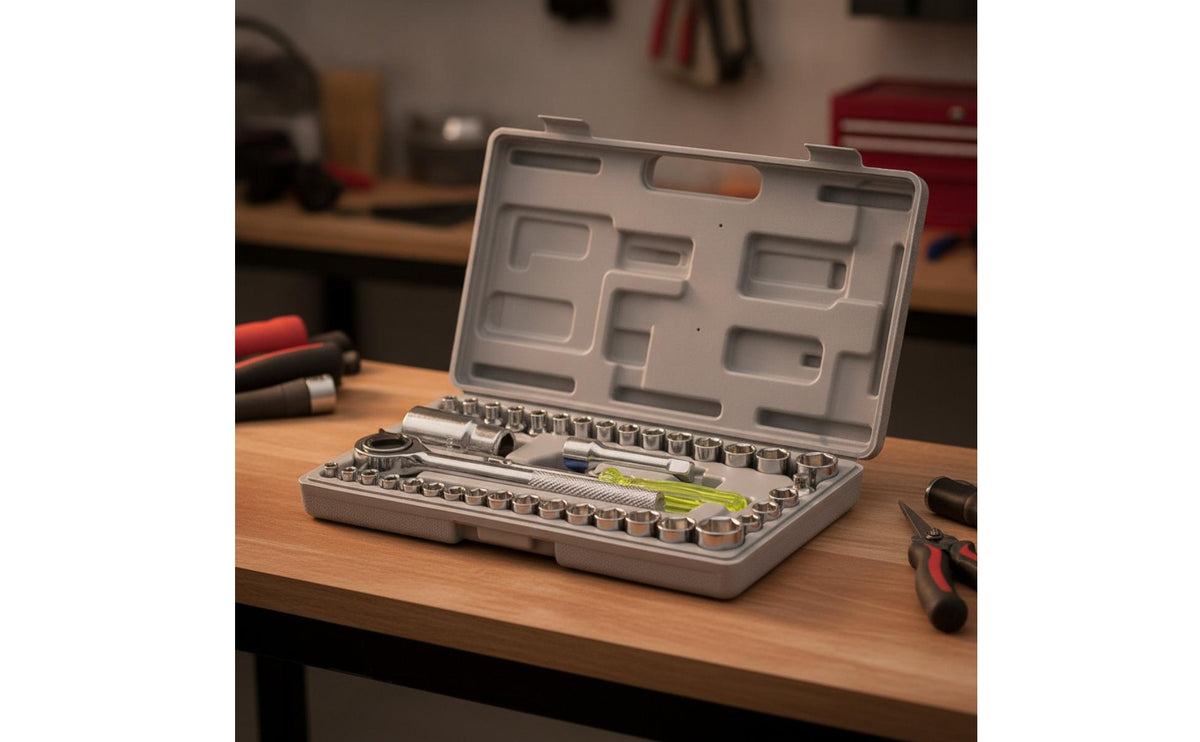 Chrome-Finished Socket Wrench Kit Knurled-Grip Ratchet and Socket Set Compact Hand Tools Portable for Mechanics, DIYers, Car Owners, Automotive Repair, Garage, Home Workshop, Roadside Emergencies