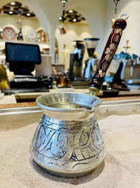 新款土耳其进口咖啡壶手工精品铜欧式复古木柄加厚奶锅编织花纹
