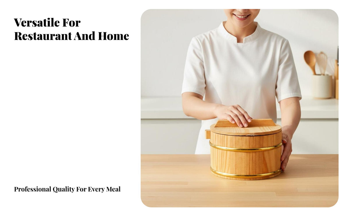 Gold-Rimmed Design Wooden Rice Container with Lid Natural Wood Wooden Rice Container Long-Lasting Hangiri Sushi Oke Absorbs Moisture for Restaurant Owners, Chefs, Home Cooks, Kitchen, Dining Table, Party