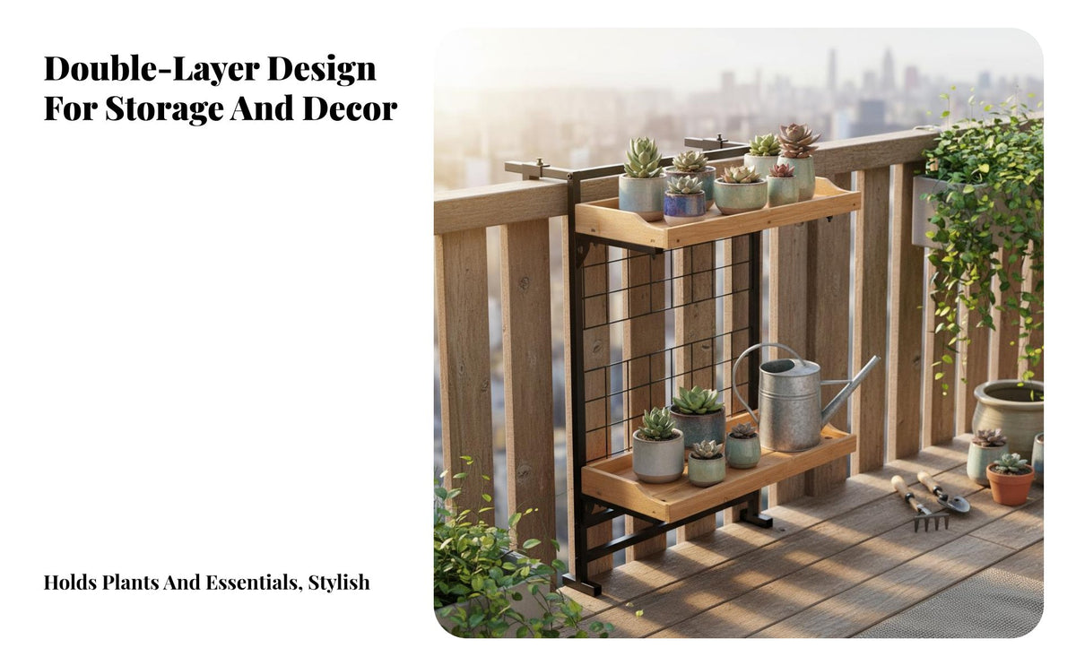 Space Saving 2-Tier Balcony Railing Shelf Heavy Duty Balcony Guardrail Plant Holder Easy Assembly Adjustable Hanging Flower Pot Rack Rust Resistant for Apartment Dwellers, Patio, Deck