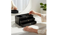 Three-Drawer Jewelry Box with Transparent Lid Rectangular Jewelry Box with Drawers Wood-Grain Container Compact for Women, Vanity, Dresser, Bedside Table