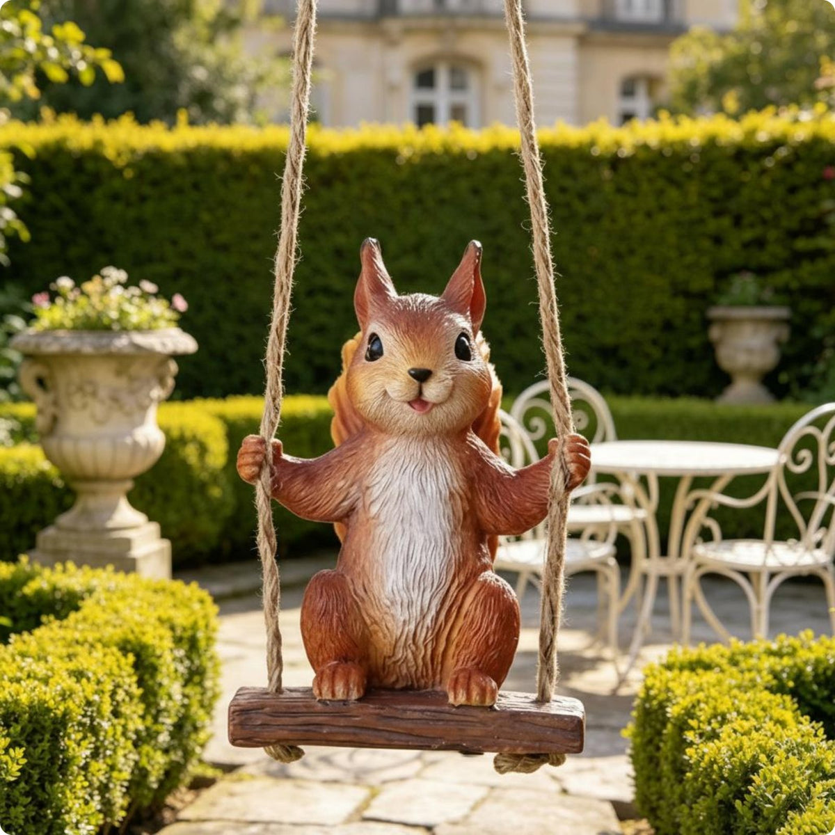 Swinging Squirrel Statue Weatherproof Squirrel on Swing Figurine Whimsical Accent Outdoor Decoration for Yard