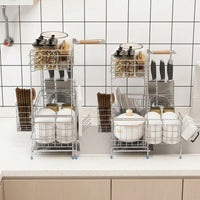 Double Layer Dish Rack with Knife Block, Extendable Stainless Steel Dish Rack in 304 Metal, Light Luxury Style Over the Sink or Countertop Use