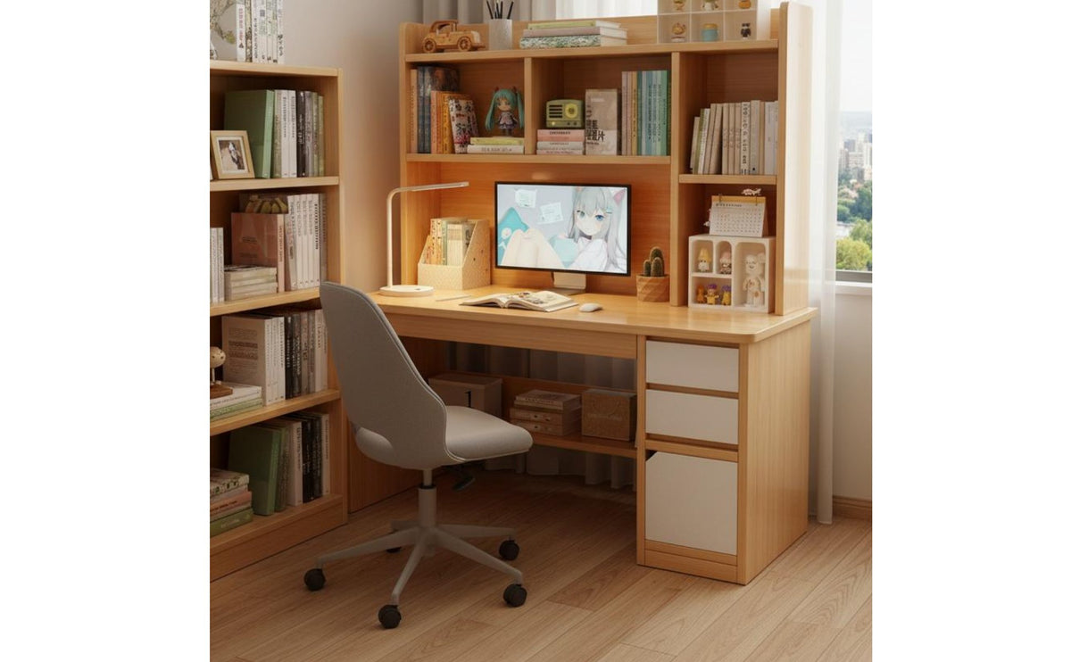 Wide Desktop Computer Desk with Bookshelf Modern Design Study Desk with Bookshelf Easy Assembly Home Furniture Sturdy Construction for Dorm Room