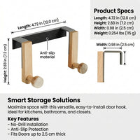 Hook Rack with Wood and Iron for Nordic Style Hanging, Removable Storage for Dorm Room or Home Use, No Nail Coat