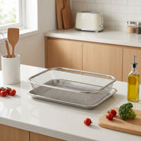 Kitchen Colander and Vegetable Colander, Stainless Steel Rectangular Mesh Washing Basket with Shallow Tray, Fruit Colander for Food Processing
