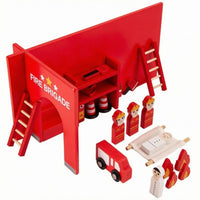 Wooden Fire Station Set Painted Fire Assist Toy Scene Bright Red Firefighter Figure Set for Kids