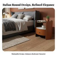 Cylindrical End Table Single-drawer Nightstand Modern Bedside Cabinet Italian Minimalist Wood Saddle Leather Glass Top Suitable for Apartment Dwellers Adults Small Areas Hotel Room