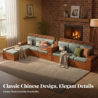 Solid Wood Storage Sofa Four-Season Use Chinese Design Couch Set Dense Foam Walnut Sectional Couch for Families, Adults, Home Entertainment Space